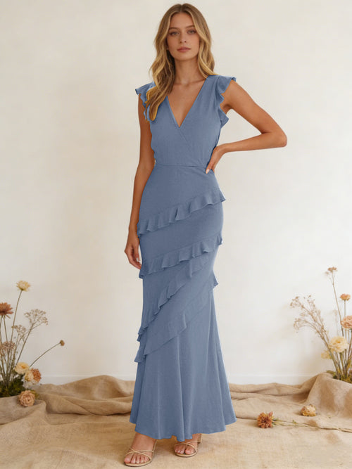 Chiffon Ruffled V Neck Mermaid Maxi Bridesmaid Dresses with Backless Design