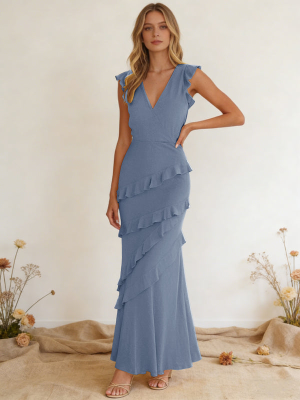 Chiffon Ruffled V Neck Mermaid Maxi Bridesmaid Dresses with Backless Design