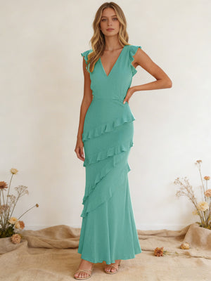 Chiffon Ruffled V Neck Mermaid Maxi Bridesmaid Dresses with Backless Design