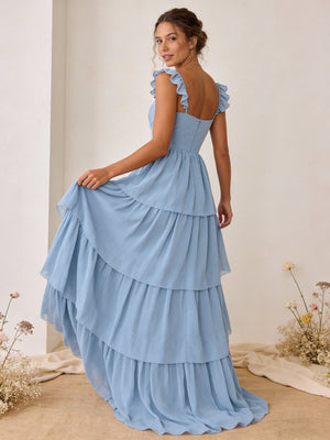 Chiffon Ruffled Tiered A Line Maxi Bridesmaid Dresses with Slit