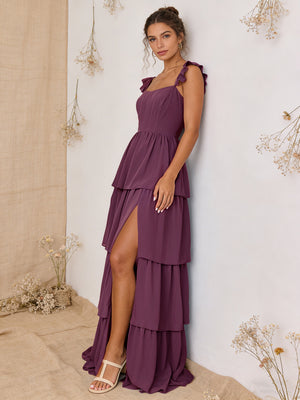 Chiffon Ruffled Tiered A Line Maxi Bridesmaid Dresses with Slit