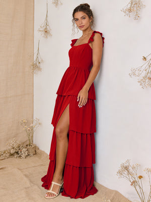 Chiffon Ruffled Tiered A Line Maxi Bridesmaid Dresses with Slit