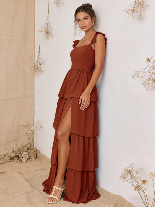 Chiffon Ruffled Tiered A Line Maxi Bridesmaid Dresses with Slit