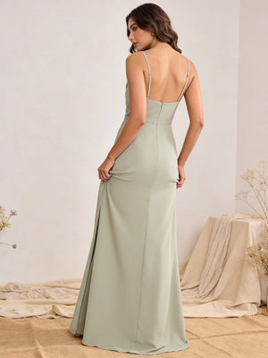 Chiffon Cowl Neck Spaghetti Straps Maxi Bridesmaid Dresses with Slit