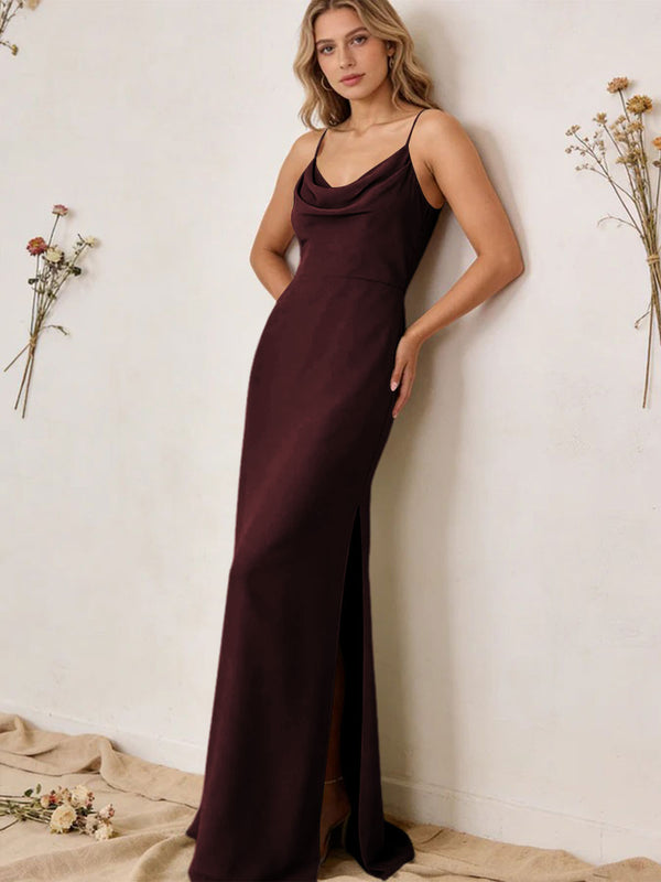 Chiffon Cowl Neck Spaghetti Straps Maxi Bridesmaid Dresses with Slit