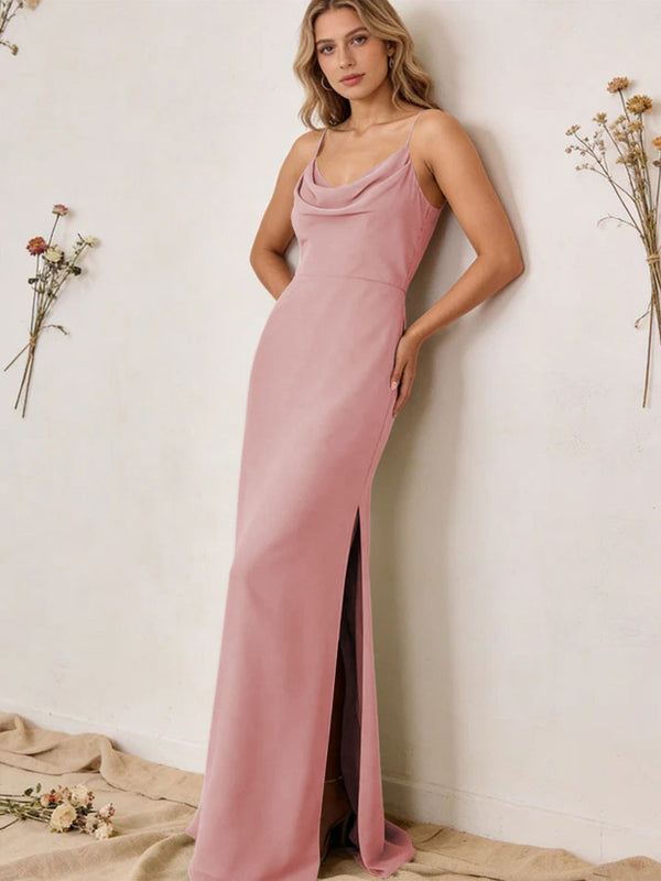 Chiffon Cowl Neck Spaghetti Straps Maxi Bridesmaid Dresses with Slit