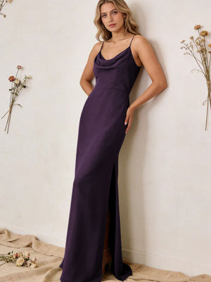 Chiffon Cowl Neck Spaghetti Straps Maxi Bridesmaid Dresses with Slit