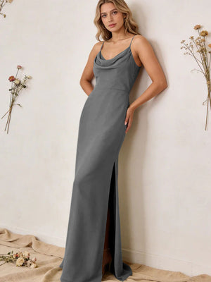Chiffon Cowl Neck Spaghetti Straps Maxi Bridesmaid Dresses with Slit