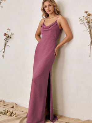 Chiffon Cowl Neck Spaghetti Straps Maxi Bridesmaid Dresses with Slit