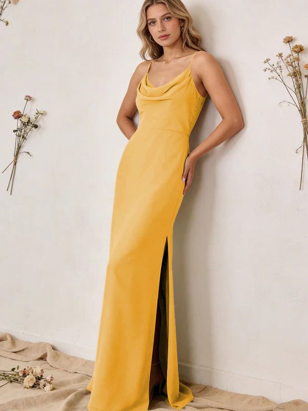 Chiffon Cowl Neck Spaghetti Straps Maxi Bridesmaid Dresses with Slit
