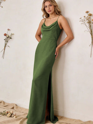 Chiffon Cowl Neck Spaghetti Straps Maxi Bridesmaid Dresses with Slit
