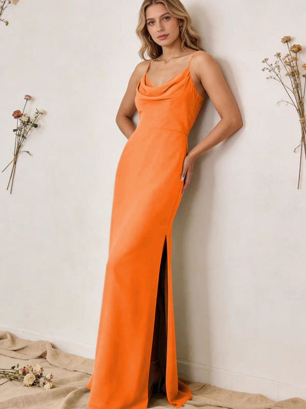 Chiffon Cowl Neck Spaghetti Straps Maxi Bridesmaid Dresses with Slit