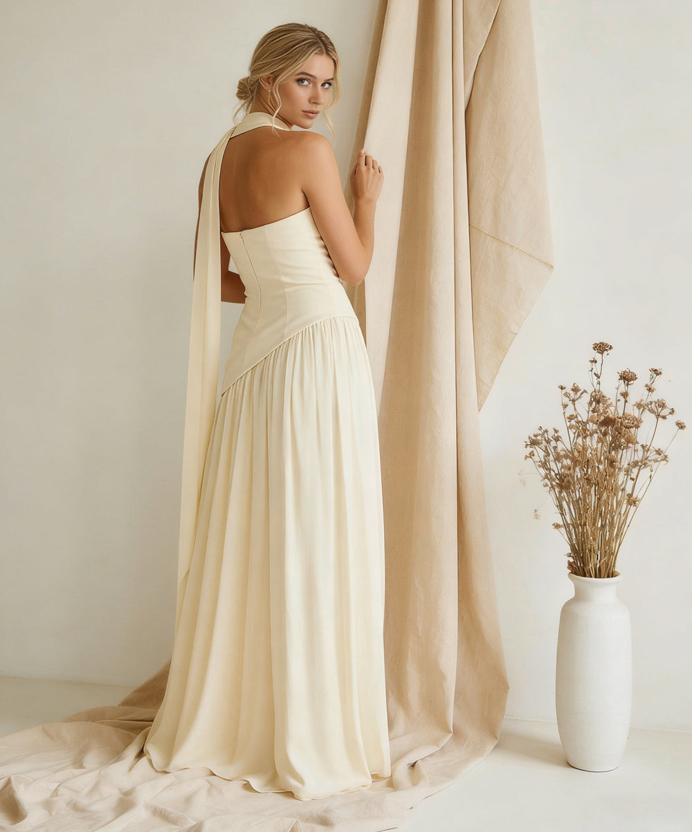 Chiffon Strapless High Slit Maxi Bridesmaid Dresses with Scarf