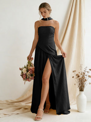 Chiffon Strapless High Slit Maxi Bridesmaid Dresses with Scarf