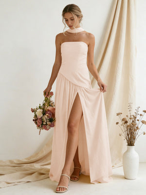 Chiffon Strapless High Slit Maxi Bridesmaid Dresses with Scarf