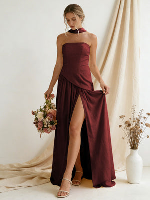 Chiffon Strapless High Slit Maxi Bridesmaid Dresses with Scarf