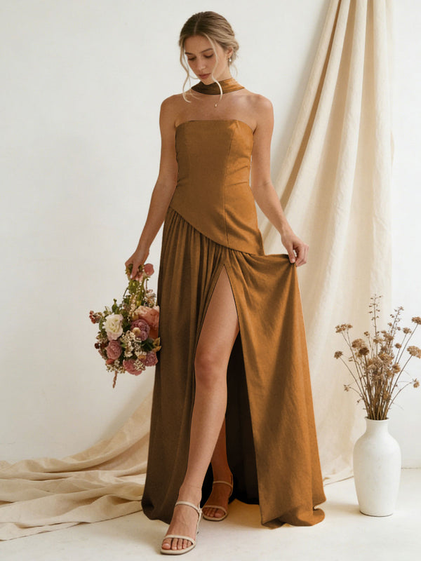 Chiffon Strapless High Slit Maxi Bridesmaid Dresses with Scarf