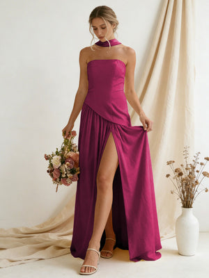 Chiffon Strapless High Slit Maxi Bridesmaid Dresses with Scarf