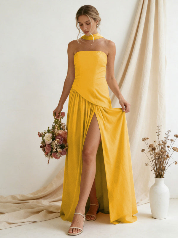 Chiffon Strapless High Slit Maxi Bridesmaid Dresses with Scarf