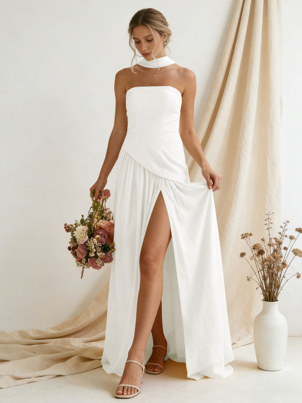 Chiffon Strapless High Slit Maxi Bridesmaid Dresses with Scarf