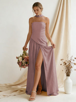 Chiffon Strapless High Slit Maxi Bridesmaid Dresses with Scarf