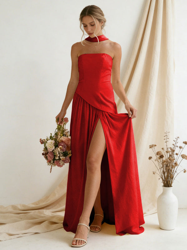 Chiffon Strapless High Slit Maxi Bridesmaid Dresses with Scarf