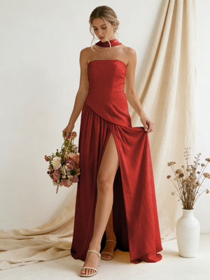 Chiffon Strapless High Slit Maxi Bridesmaid Dresses with Scarf