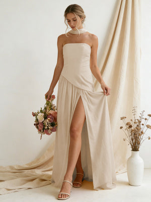 Chiffon Strapless High Slit Maxi Bridesmaid Dresses with Scarf