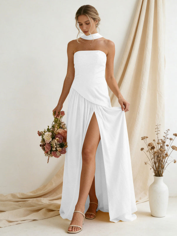 Chiffon Strapless High Slit Maxi Bridesmaid Dresses with Scarf