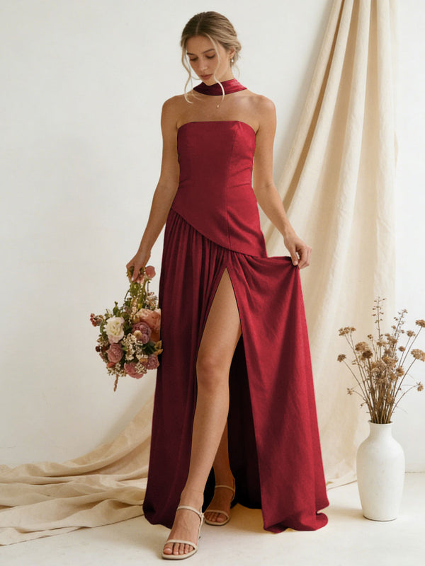 Chiffon Strapless High Slit Maxi Bridesmaid Dresses with Scarf