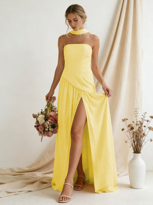 Chiffon Strapless High Slit Maxi Bridesmaid Dresses with Scarf