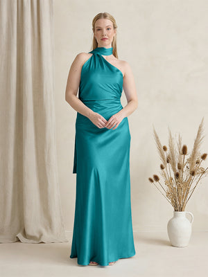 Satin One Shoulder Sleeveless Maxi Bridesmaid Dresses with Scarf