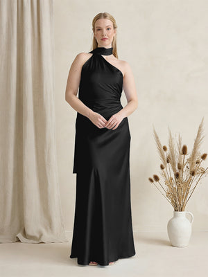 Satin One Shoulder Sleeveless Maxi Bridesmaid Dresses with Scarf