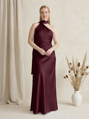 Satin One Shoulder Sleeveless Maxi Bridesmaid Dresses with Scarf