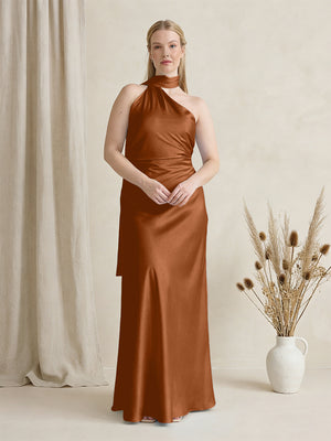 Satin One Shoulder Sleeveless Maxi Bridesmaid Dresses with Scarf