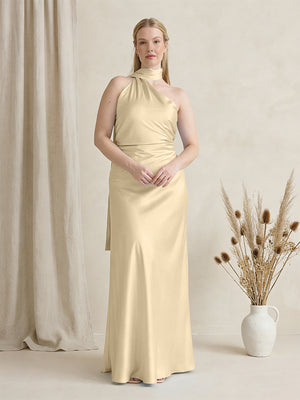 Satin One Shoulder Sleeveless Maxi Bridesmaid Dresses with Scarf