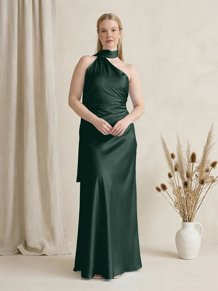 Satin One Shoulder Sleeveless Maxi Bridesmaid Dresses with Scarf