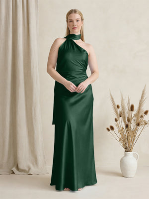 Satin One Shoulder Sleeveless Maxi Bridesmaid Dresses with Scarf