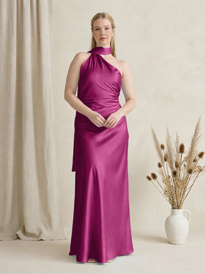 Satin One Shoulder Sleeveless Maxi Bridesmaid Dresses with Scarf