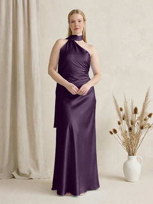 Satin One Shoulder Sleeveless Maxi Bridesmaid Dresses with Scarf
