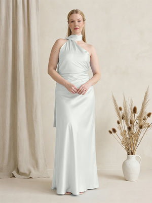 Satin One Shoulder Sleeveless Maxi Bridesmaid Dresses with Scarf