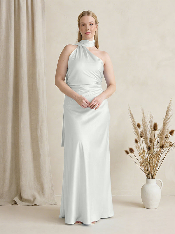 Satin One Shoulder Sleeveless Maxi Bridesmaid Dresses with Scarf
