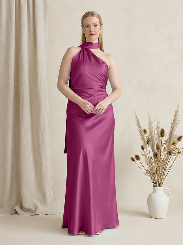 Satin One Shoulder Sleeveless Maxi Bridesmaid Dresses with Scarf
