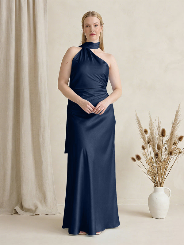Satin One Shoulder Sleeveless Maxi Bridesmaid Dresses with Scarf