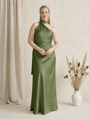 Satin One Shoulder Sleeveless Maxi Bridesmaid Dresses with Scarf
