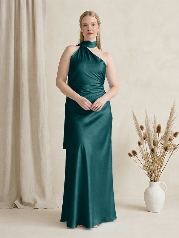 Satin One Shoulder Sleeveless Maxi Bridesmaid Dresses with Scarf