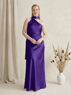 Satin One Shoulder Sleeveless Maxi Bridesmaid Dresses with Scarf