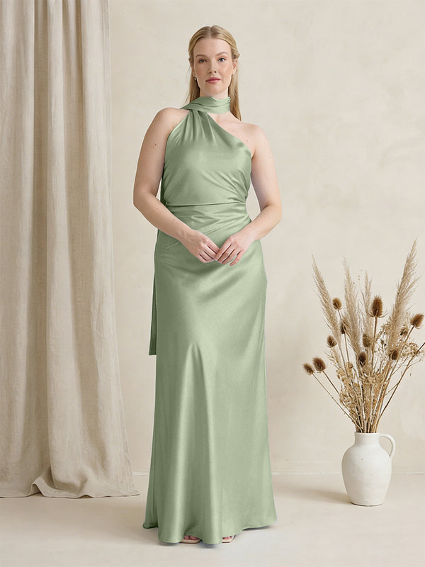 Satin One Shoulder Sleeveless Maxi Bridesmaid Dresses with Scarf