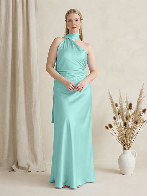 Satin One Shoulder Sleeveless Maxi Bridesmaid Dresses with Scarf