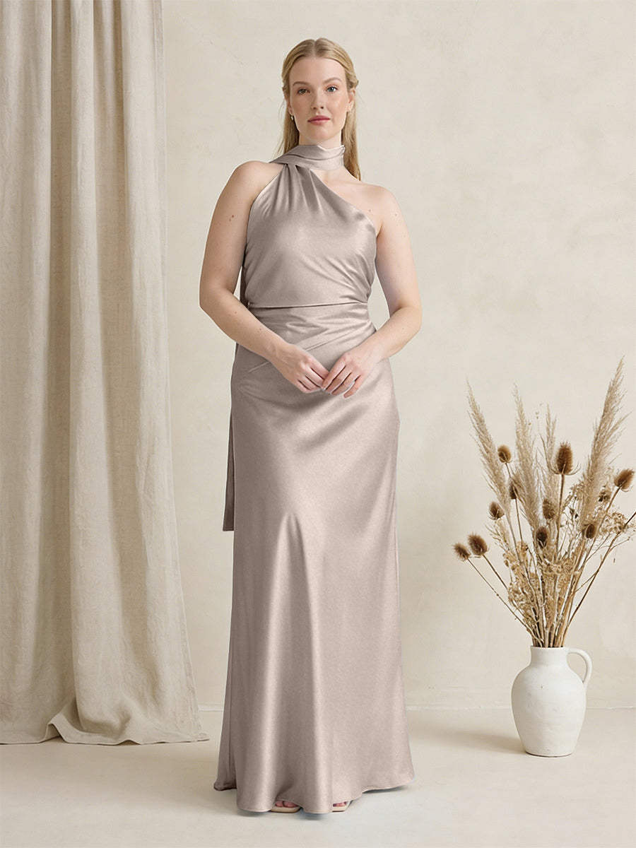 Satin One Shoulder Sleeveless Maxi Bridesmaid Dresses with Scarf